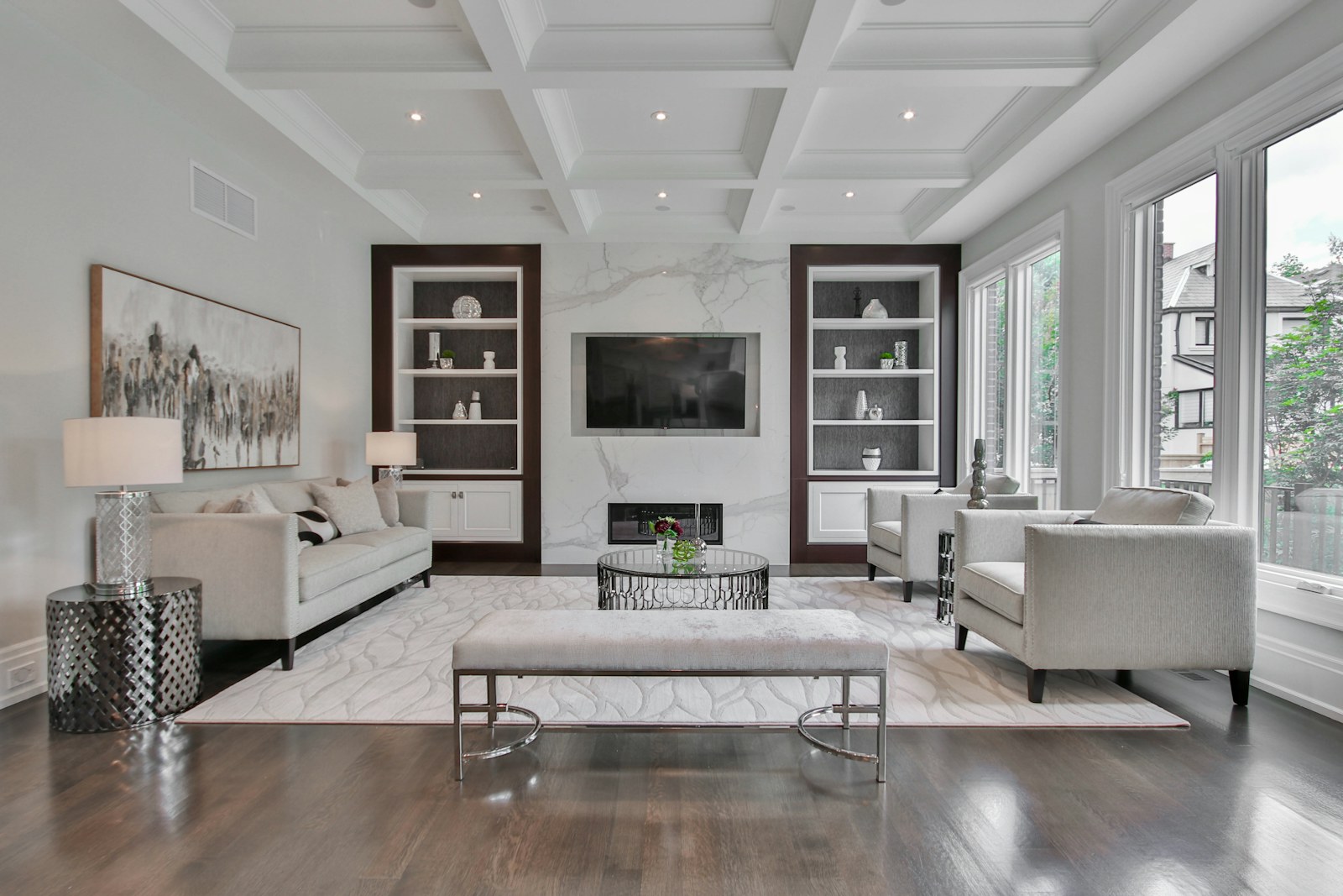 Tidy living room surfaces with sofa and soft lamp light